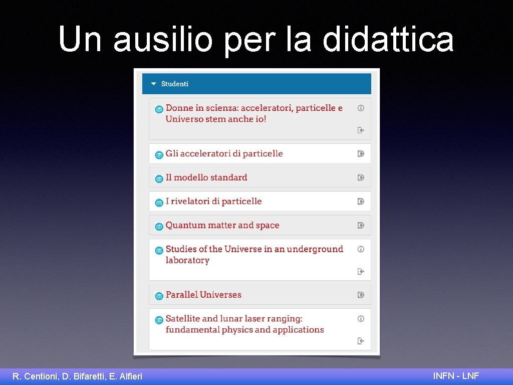 Un ausilio per la didattica R. Centioni, D. Bifaretti, E. Alfieri INFN - LNF