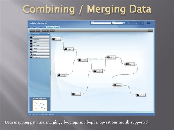 Combining / Merging Data mapping patterns, merging, looping, and logical operations are all supported Combining / Merging Data mapping patterns, merging, looping, and logical operations are all supported