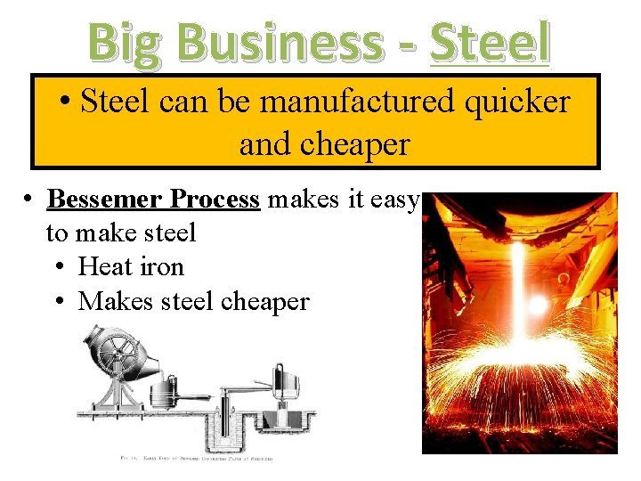 Big Business - Steel • Steel can be manufactured quicker and cheaper • Bessemer