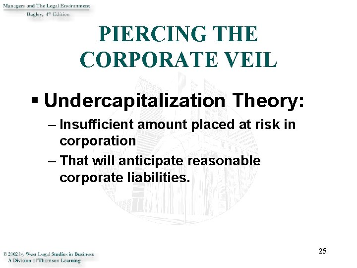 PIERCING THE CORPORATE VEIL § Undercapitalization Theory: – Insufficient amount placed at risk in