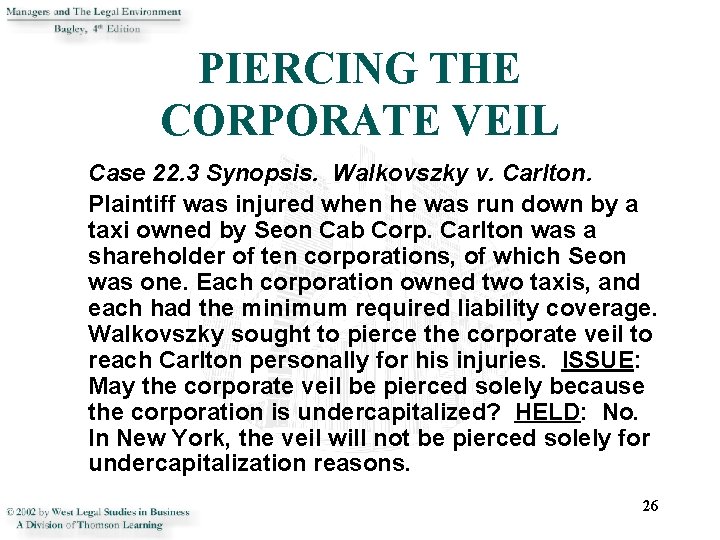 PIERCING THE CORPORATE VEIL Case 22. 3 Synopsis. Walkovszky v. Carlton. Plaintiff was injured