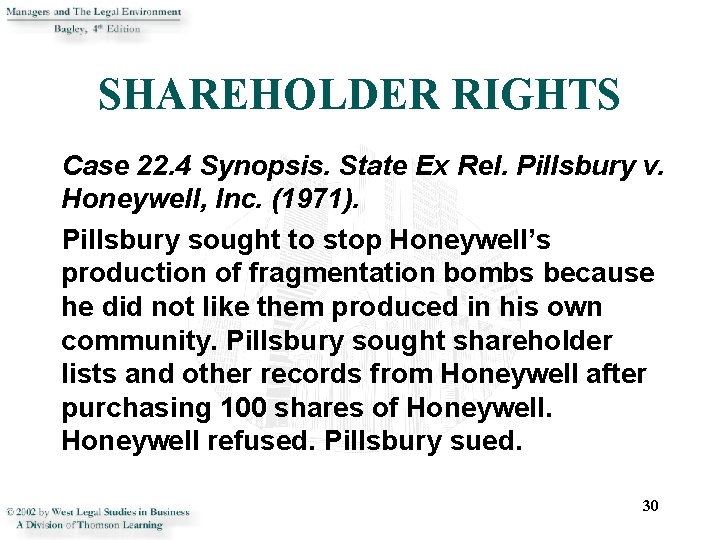 SHAREHOLDER RIGHTS Case 22. 4 Synopsis. State Ex Rel. Pillsbury v. Honeywell, Inc. (1971).