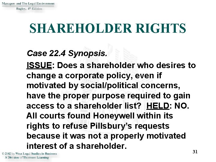 SHAREHOLDER RIGHTS Case 22. 4 Synopsis. ISSUE: Does a shareholder who desires to change