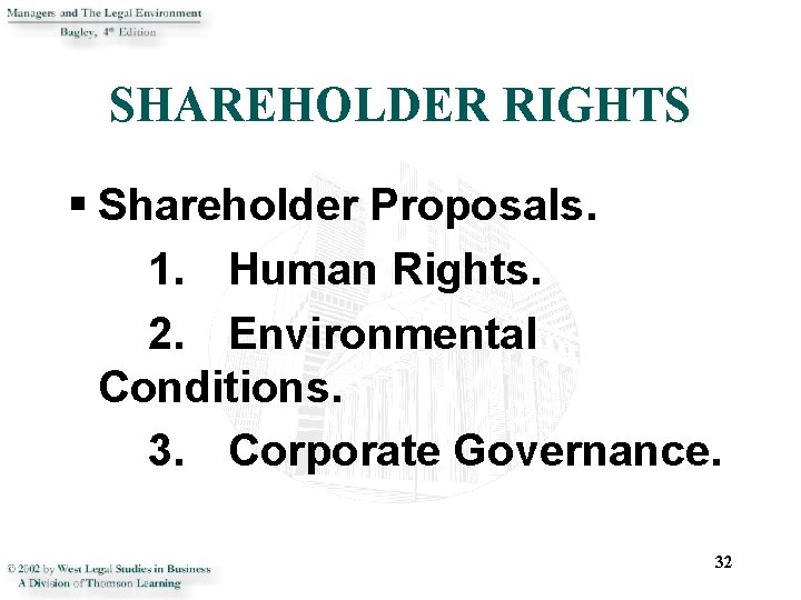 SHAREHOLDER RIGHTS § Shareholder Proposals. 1. Human Rights. 2. Environmental Conditions. 3. Corporate Governance.