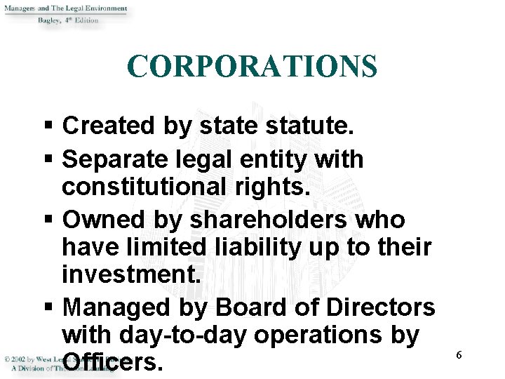 CORPORATIONS § Created by state statute. § Separate legal entity with constitutional rights. §