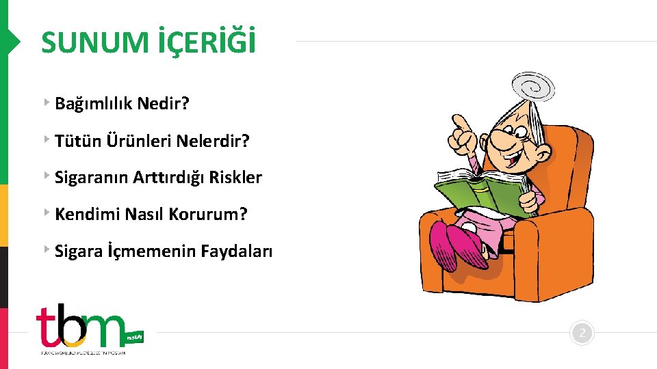 SUNUM İÇERİĞİ Bağımlılık Nedir? Tütün Ürünleri Nelerdir? Sigaranın Arttırdığı Riskler Kendimi Nasıl Korurum? Sigara