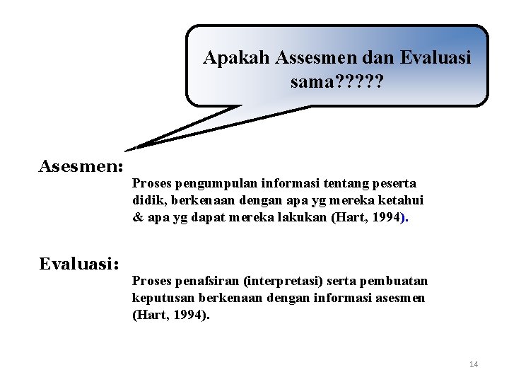 Apakah Assesmen dan Evaluasi sama? ? ? Asesmen: Evaluasi: Proses pengumpulan informasi tentang peserta Apakah Assesmen dan Evaluasi sama? ? ? Asesmen: Evaluasi: Proses pengumpulan informasi tentang peserta