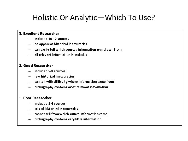 Holistic Or Analytic—Which To Use? 3. Excellent Researcher – – included 10 -12 sources Holistic Or Analytic—Which To Use? 3. Excellent Researcher – – included 10 -12 sources