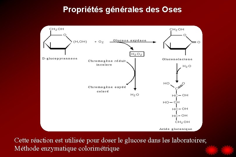 Propriétés générales des Oses Cette réaction est utilisée pour doser le glucose dans les