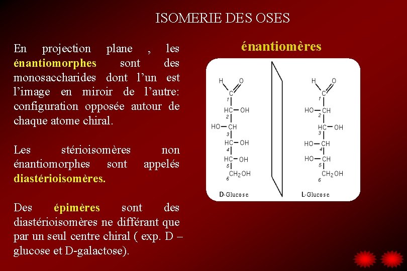 ISOMERIE DES OSES En projection plane , les énantiomorphes sont des monosaccharides dont l’un