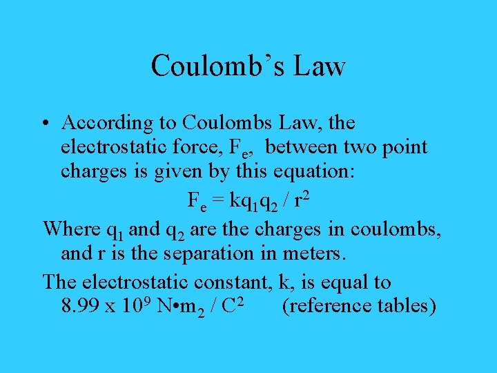 Coulomb’s Law • According to Coulombs Law, the electrostatic force, Fe, between two point