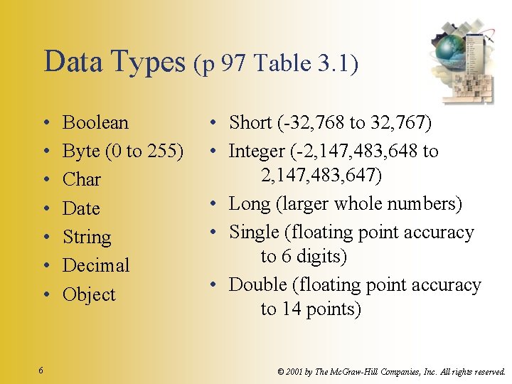 Data Types (p 97 Table 3. 1) • • 6 Boolean Byte (0 to