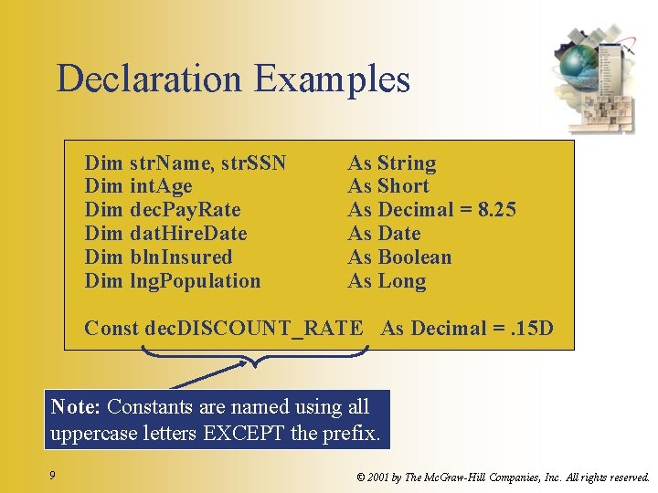 Declaration Examples Dim str. Name, str. SSN Dim int. Age Dim dec. Pay. Rate