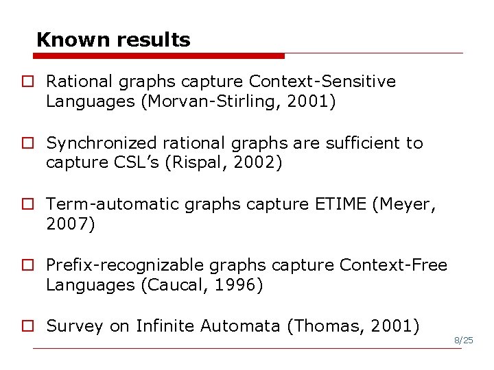 Known results o Rational graphs capture Context-Sensitive Languages (Morvan-Stirling, 2001) o Synchronized rational graphs