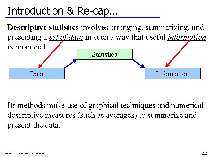 Introduction & Re-cap… Descriptive statistics involves arranging, summarizing, and presenting a set of data