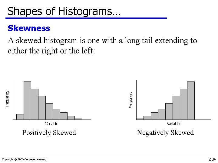 Shapes of Histograms… Frequency Skewness A skewed histogram is one with a long tail