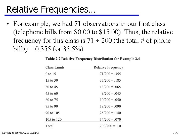 Relative Frequencies… • For example, we had 71 observations in our first class (telephone