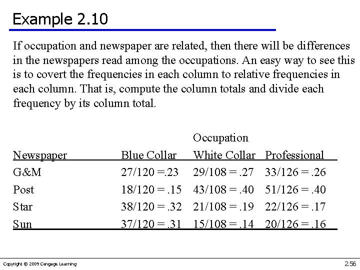 Example 2. 10 If occupation and newspaper are related, then there will be differences