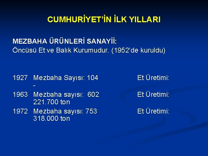 CUMHURİYET’İN İLK YILLARI MEZBAHA ÜRÜNLERİ SANAYİİ: Öncüsü Et ve Balık Kurumudur. (1952’de kuruldu) 1927