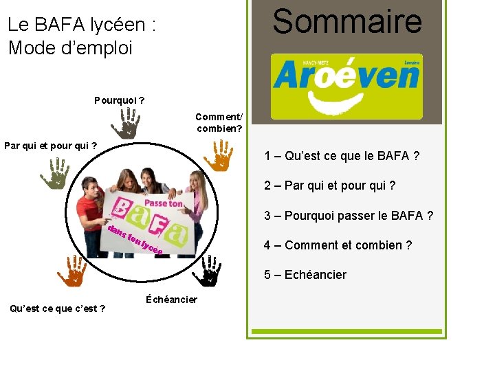 Sommaire Le BAFA lycéen : Mode d’emploi Pourquoi ? Comment/ combien? Par qui et