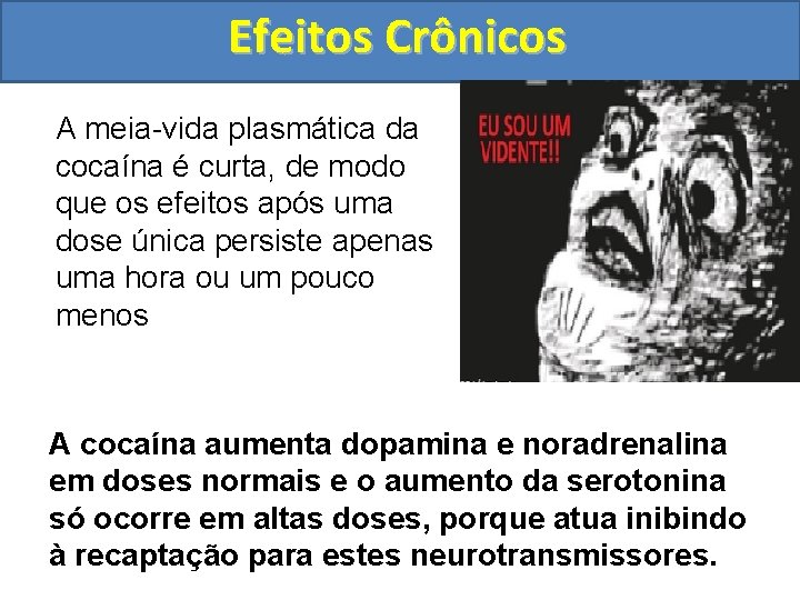 Efeitos Crônicos A meia-vida plasmática da cocaína é curta, de modo que os efeitos