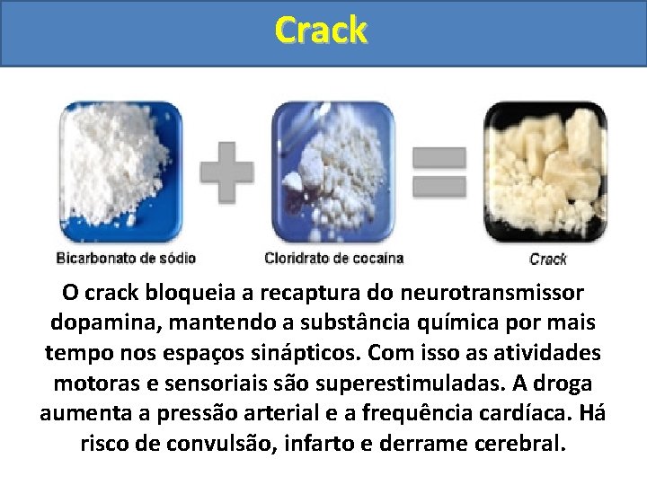 Crack O crack bloqueia a recaptura do neurotransmissor dopamina, mantendo a substância química por