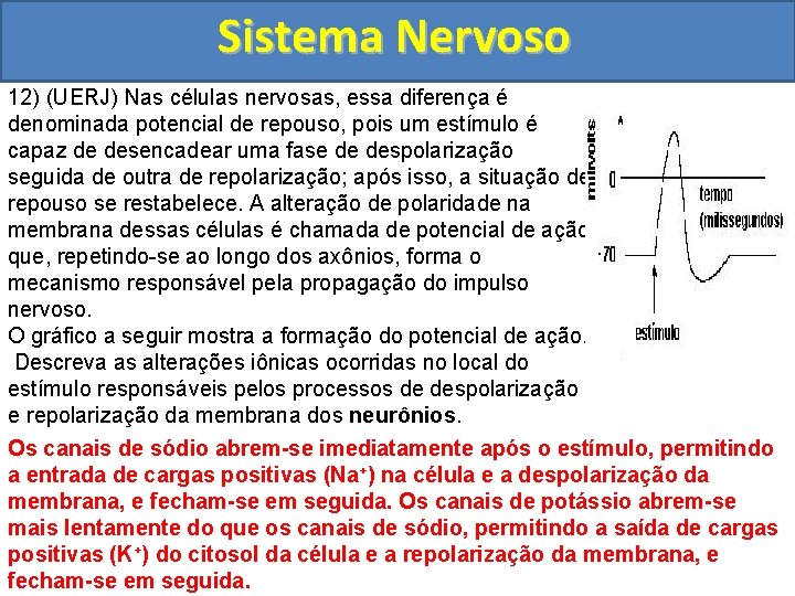 Sistema Nervoso 12) (UERJ) Nas células nervosas, essa diferença é denominada potencial de repouso,
