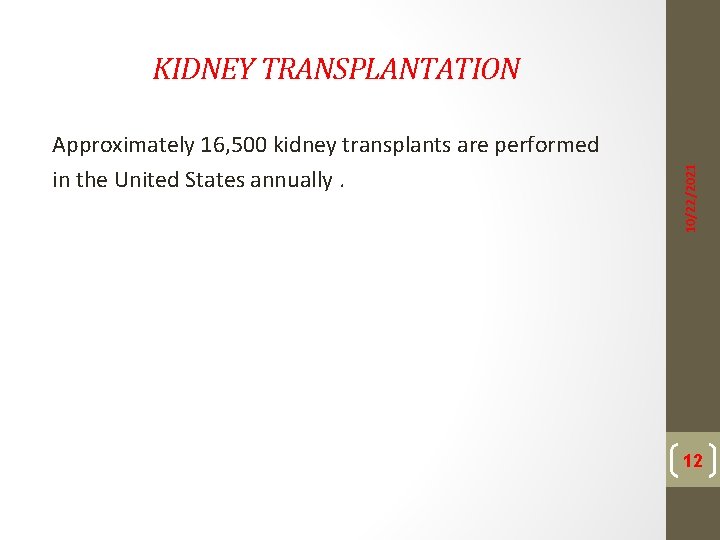 Approximately 16, 500 kidney transplants are performed in the United States annually. 10/22/2021 KIDNEY