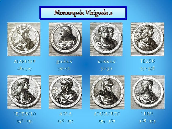 Monarquía Visigoda 2 ALARICO II 484 -507 gesalaico 507 -511 amalarico 511 -331 TEUDIS