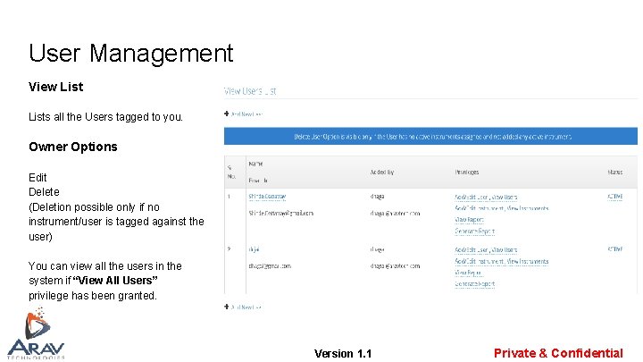 User Management View Lists all the Users tagged to you. Owner Options Edit Delete User Management View Lists all the Users tagged to you. Owner Options Edit Delete