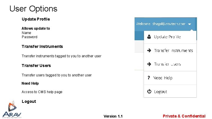 User Options Update Profile Allows update to Name Password Transfer Instruments Transfer instruments tagged User Options Update Profile Allows update to Name Password Transfer Instruments Transfer instruments tagged
