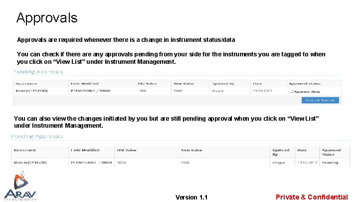 Approvals are required whenever there is a change in instrument status/data You can check Approvals are required whenever there is a change in instrument status/data You can check