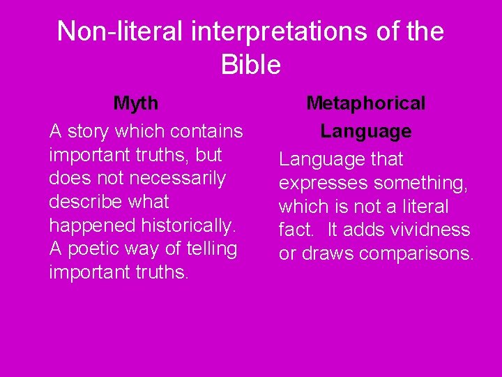 Non-literal interpretations of the Bible Myth A story which contains important truths, but does