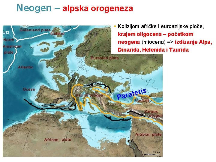 Neogen – alpska orogeneza p 13 § Kolizijom afričke i euroazijske ploče, krajem oligocena