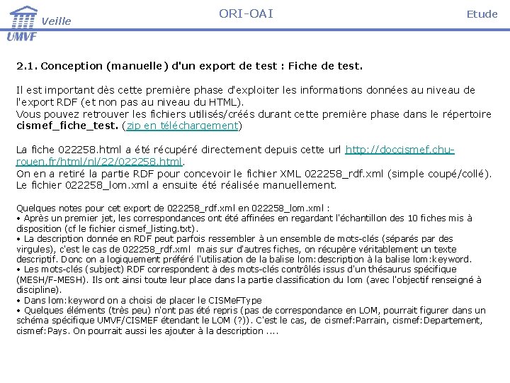 Veille ORI-OAI Etude 2. 1. Conception (manuelle) d'un export de test : Fiche de