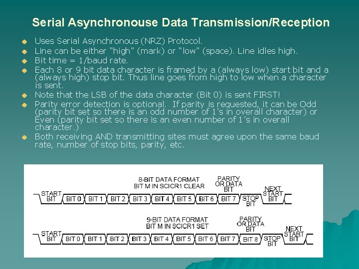 Serial Asynchronouse Data Transmission/Reception u u u u Uses Serial Asynchronous (NRZ) Protocol. Line