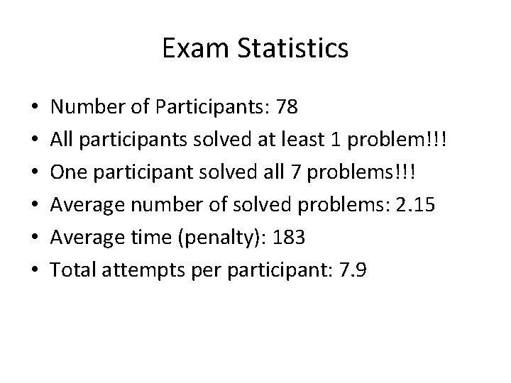 Exam Statistics • • • Number of Participants: 78 All participants solved at least Exam Statistics • • • Number of Participants: 78 All participants solved at least