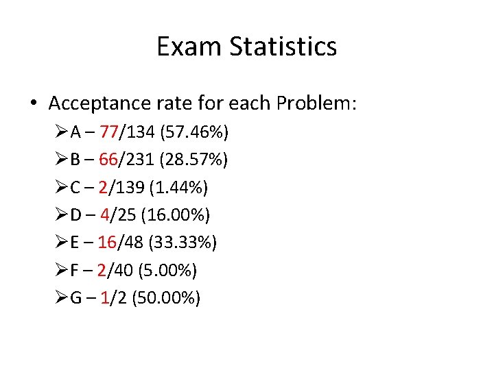 Exam Statistics • Acceptance rate for each Problem: ØA – 77/134 (57. 46%) ØB Exam Statistics • Acceptance rate for each Problem: ØA – 77/134 (57. 46%) ØB