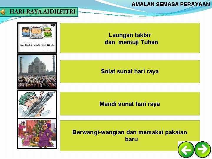 AMALAN SEMASA PERAYAAN HARI RAYA AIDILFITRI Laungan takbir dan memuji Tuhan Solat sunat hari