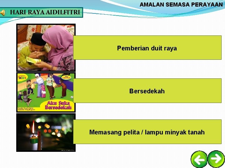 AMALAN SEMASA PERAYAAN HARI RAYA AIDILFITRI Pemberian duit raya Bersedekah Memasang pelita / lampu