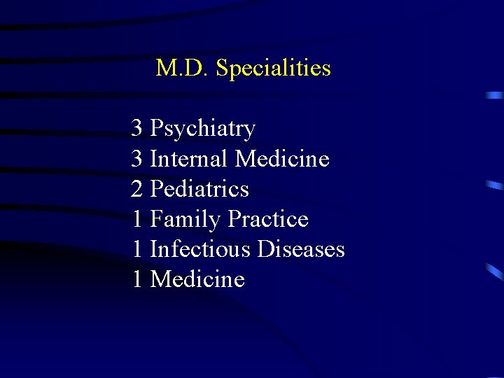 M. D. Specialities 3 Psychiatry 3 Internal Medicine 2 Pediatrics 1 Family Practice 1