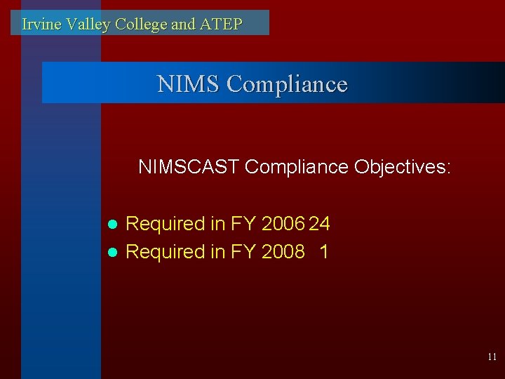 Irvine Valley College and ATEP NIMS Compliance NIMSCAST Compliance Objectives: Required in FY 2006