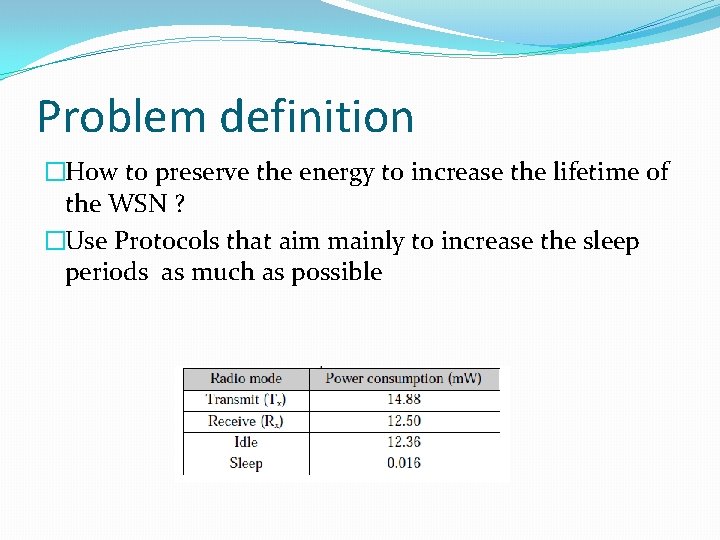 Problem definition �How to preserve the energy to increase the lifetime of the WSN