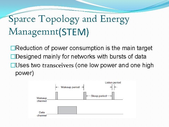 Sparce Topology and Energy Managemnt(STEM) �Reduction of power consumption is the main target �Designed
