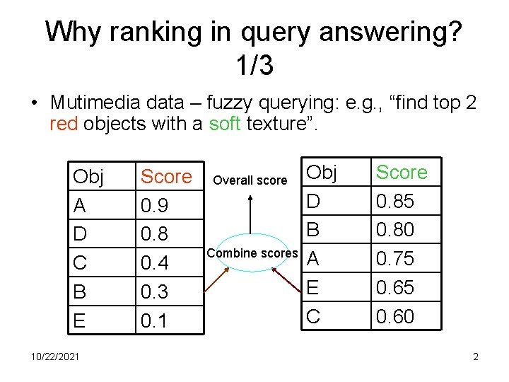Why ranking in query answering? 1/3 • Mutimedia data – fuzzy querying: e. g.