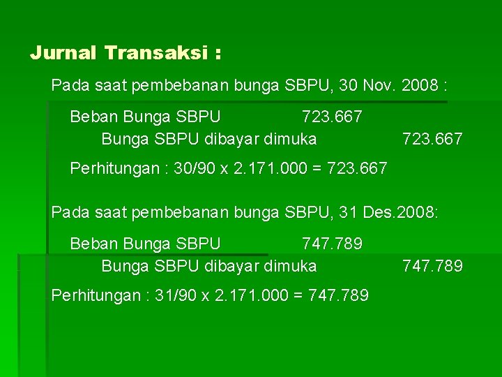 Jurnal Transaksi : Pada saat pembebanan bunga SBPU, 30 Nov. 2008 : Beban Bunga