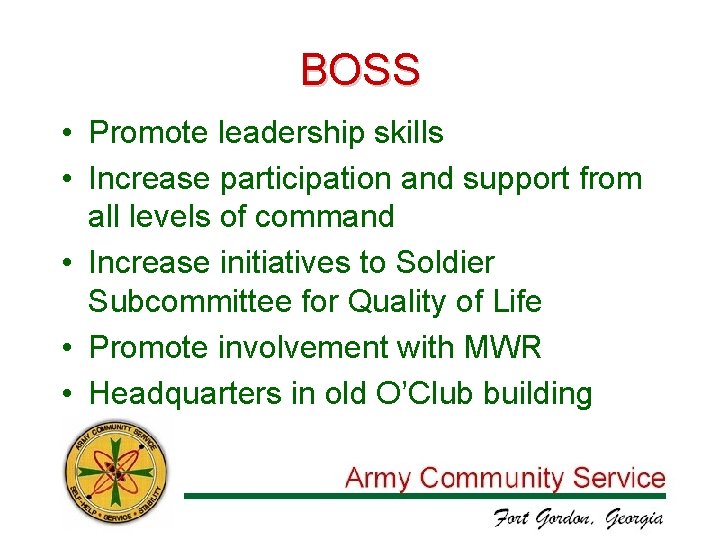 BOSS • Promote leadership skills • Increase participation and support from all levels of