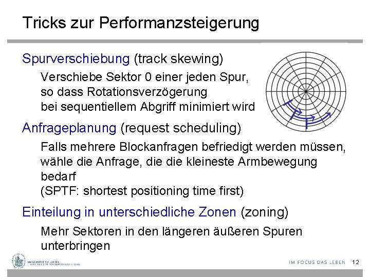 Tricks zur Performanzsteigerung Spurverschiebung (track skewing) Verschiebe Sektor 0 einer jeden Spur, so dass