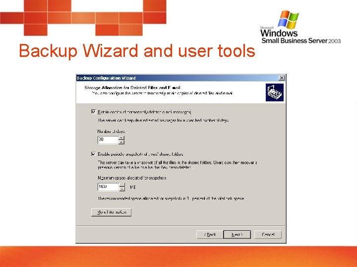 Backup Wizard and user tools 