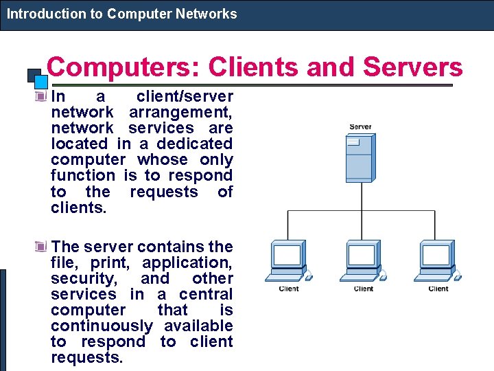 Introduction to Computer Networks Computers: Clients and Servers In a client/server network arrangement, network Introduction to Computer Networks Computers: Clients and Servers In a client/server network arrangement, network